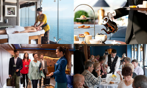 4 photos de membre du staff, en haut &agrave; gauche un majordome sur le balcon d&rsquo;une cabine, &agrave; droite une masseuse qui offre ses services &agrave; une passag&egrave;re, en bas &agrave; gauche un jeune couple qui profite d&rsquo;un verre au bar du spa offert pas une employ&eacute;e, en bas &agrave; droite un serveurs qui apporte le plats &agrave; une table de croisi&eacute;ristes